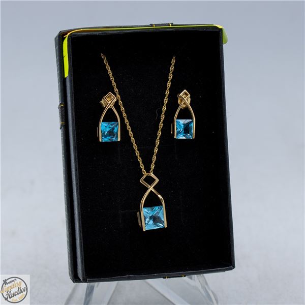 MATCHING 14K GOLD BLUE TOPAZ NECKLACE & EARRING