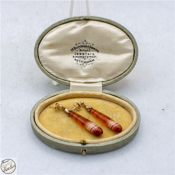 ANTIQUE CARNELIAN DROP EARRINGS STAMPED 14 CT