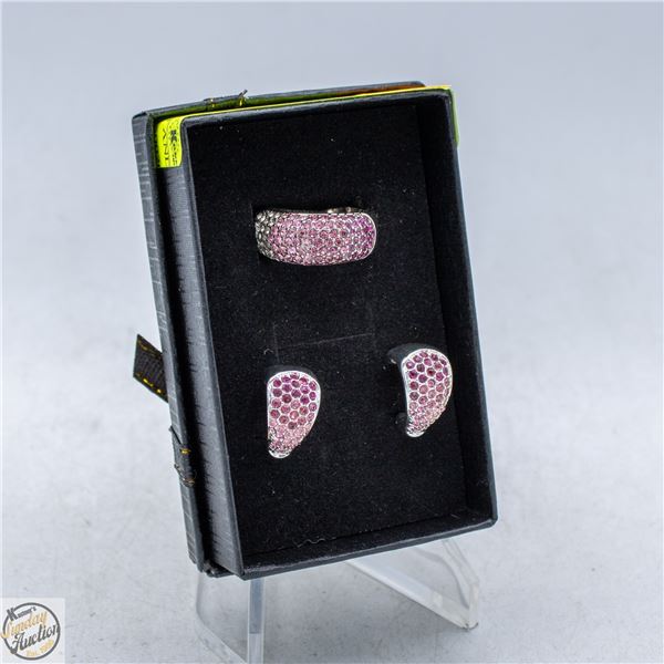 PINK SILVER TONE EARRING+RING SET STAMPED NVS