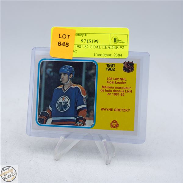 GRETZKY 1981-82 GOAL LEADER 92 GOALS OPC