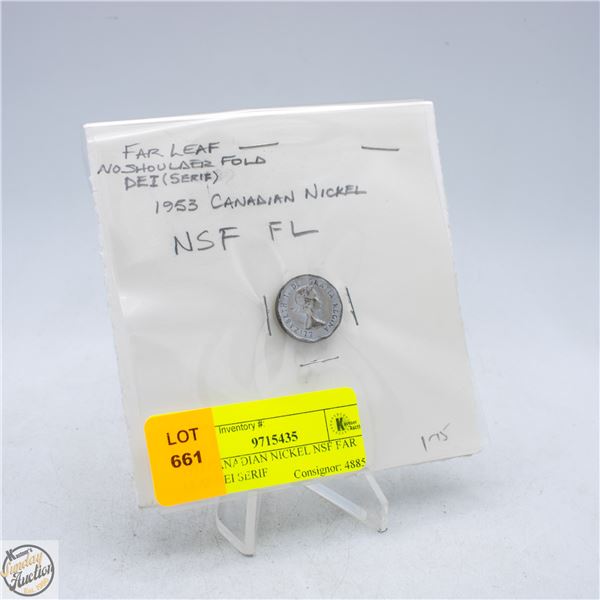 1953 CANADIAN NICKEL NSF FAR LEAF DEI SERIF