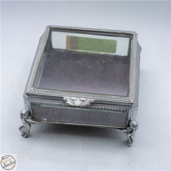 GLASS TOP METAL TRINKET BOX WITH MINI CHERUB
