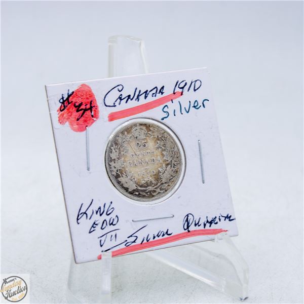 #4735-SILVER 1910 KING EDWARD 25 CENT COIN