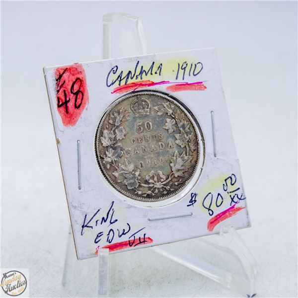 #4722-SILVER 1910 50 CENT COIN WITH KING EDW.