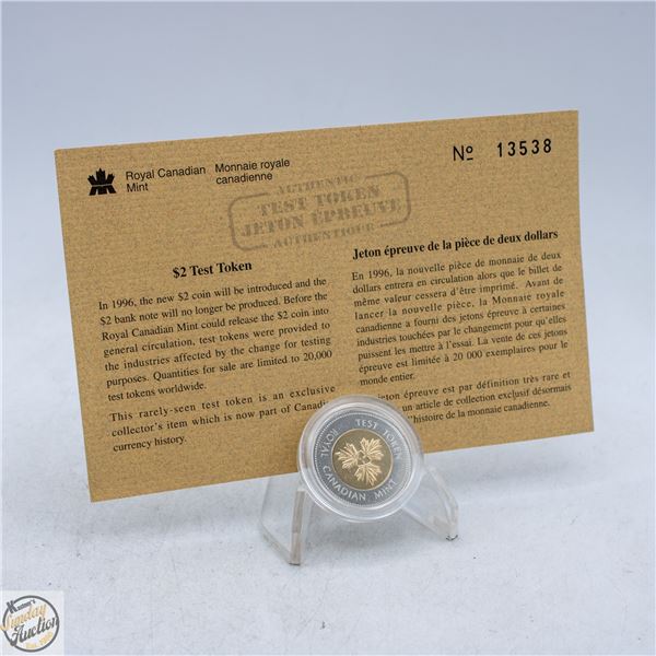 RCM 2 DOLLAR TEST COIN  NUMBER 13538 WITH PAPER