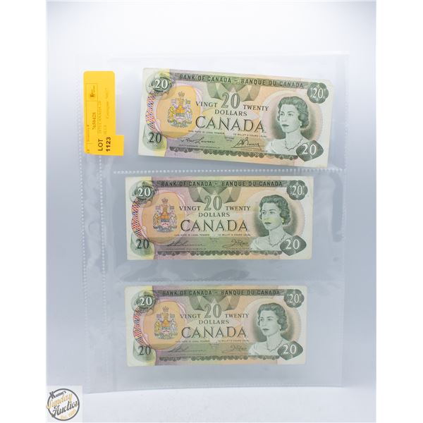 3 VINTAGE 1979 CANADA 20 DOLLARS BILLS