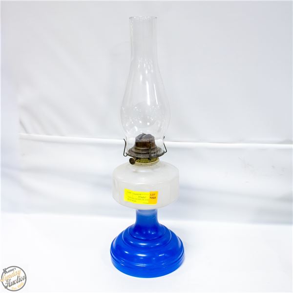 VINTAGE GLASS OIL-LAMP WITH BLUE BASE,