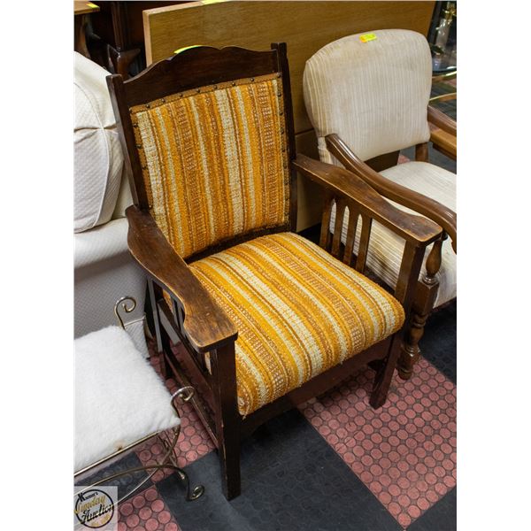 VINTAGE WOODEN ARM CHAIR WITH ORANGE/