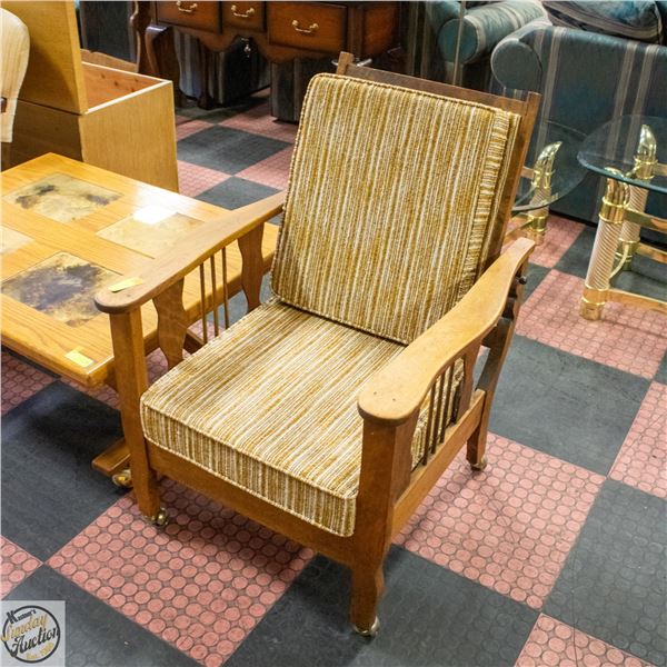VINTAGE WOODEN ARM CHAIR WITH ORANGE/