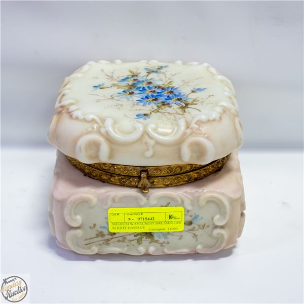 ESTATE WAVECREST DRESSER JAR (HOLE IN CORNER)