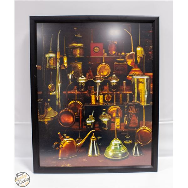 26X32 FRAMED OIL CAN COLLECTION WALL ART