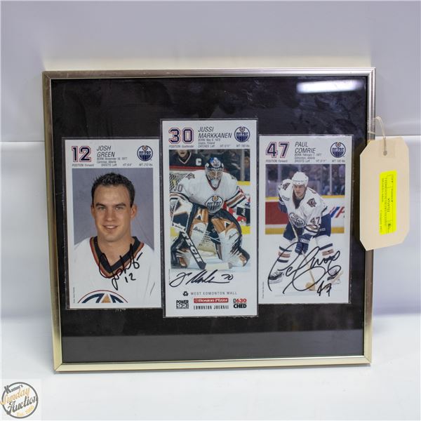 3 EDMONTON OILERS FRAMED SIGNED CARDS NO COA