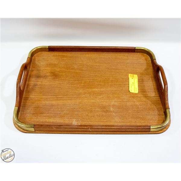 MCM TEAK TRAY WITH BRASS CORNERS
