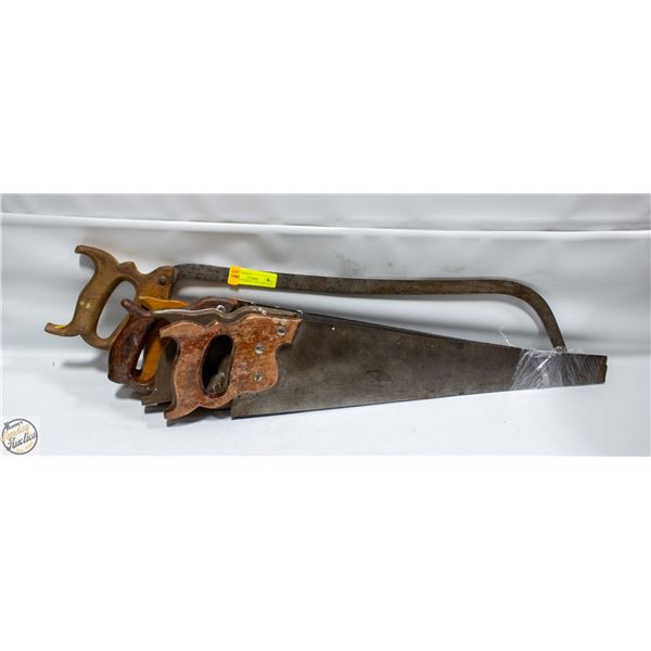 MEAT SAW WITH 5 VINTAGE HAND SAWS