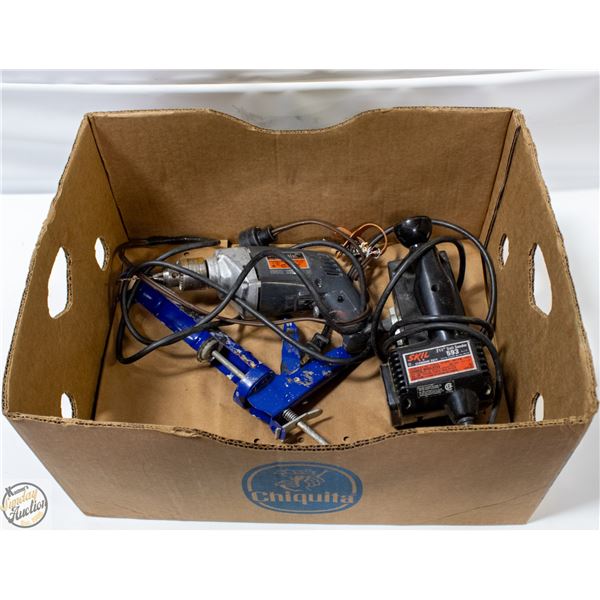 BOX OF USED POWER TOOLS