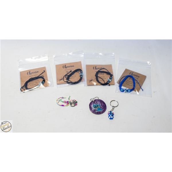 5 STITCH BRACELETS & 2 BACKPACK CHARMS/
