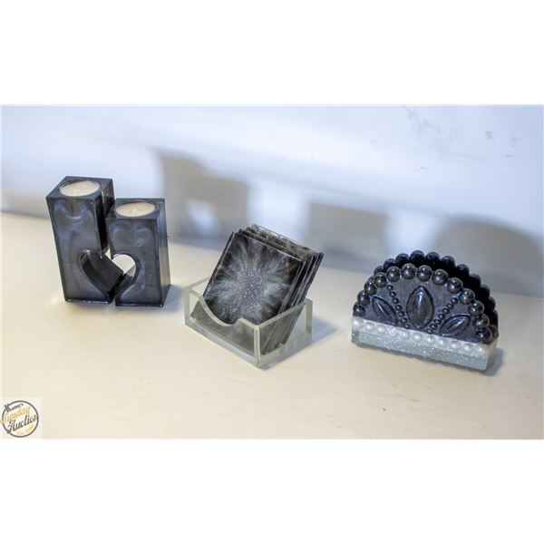 BLACK SPARKLE NAPKIN HOLDER, COASTERS,