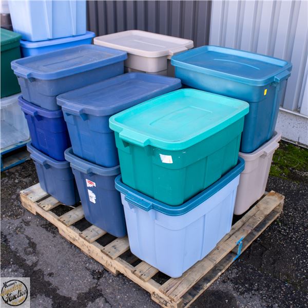 PALLET OF 11 LIDDED STORAGE TOTES+LIDS ARE MATCHED