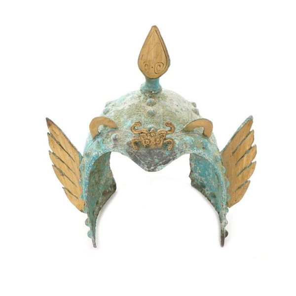 Contemporary Bronze Chinese decorative helmet with wings on sides