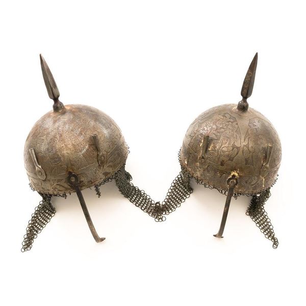 Pair of reproduction Qajar-period Ottoman helmets