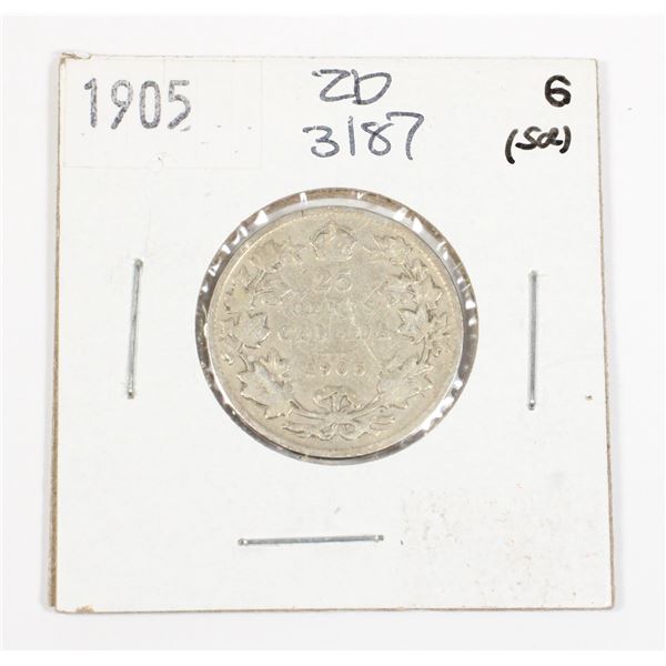 1905 CANADA .25 CENT SILVER COIN 92.5% SILVER