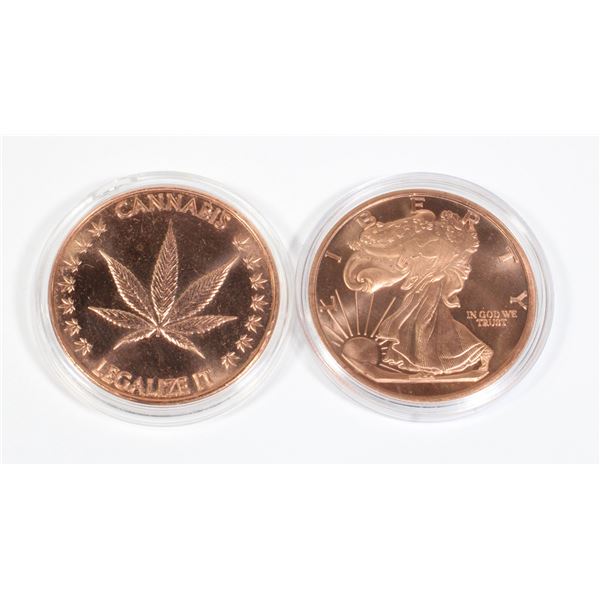 2- 1 OZ WALKING LIBERTY AND CANNABIS COPPER ROUNDS
