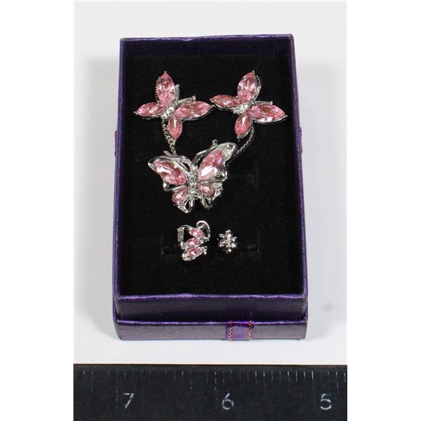 NEW SILVER TONE PINK BUTTERFLY JEWELRY SET.