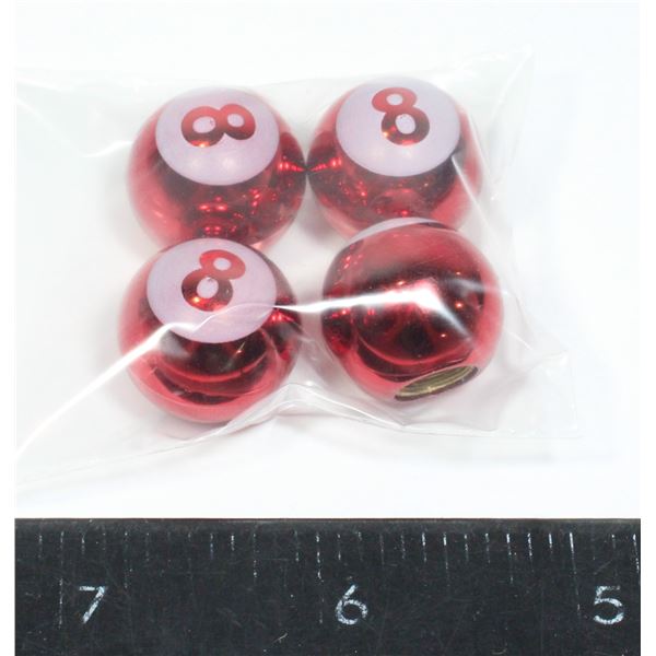 NEW 4PC SET OF RED 8 BALL VALVE STEM CAPS
