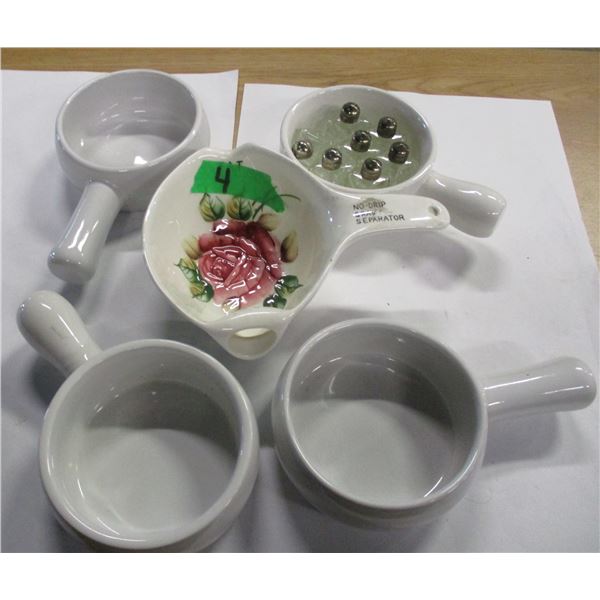 ESTATE:  4 SOUP BOWLS, 1 GRAVY BOAT, SALT & PEPPER SHAKERS