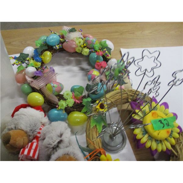 BOX C/W DECORATIONS, LARGE STORAGE CONTAINER, YELLOW VASE, ETC