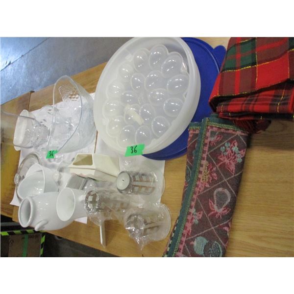 BOX C/W EGG CONTAINER, CANDLE HOLDERS, BOWLS, ETC