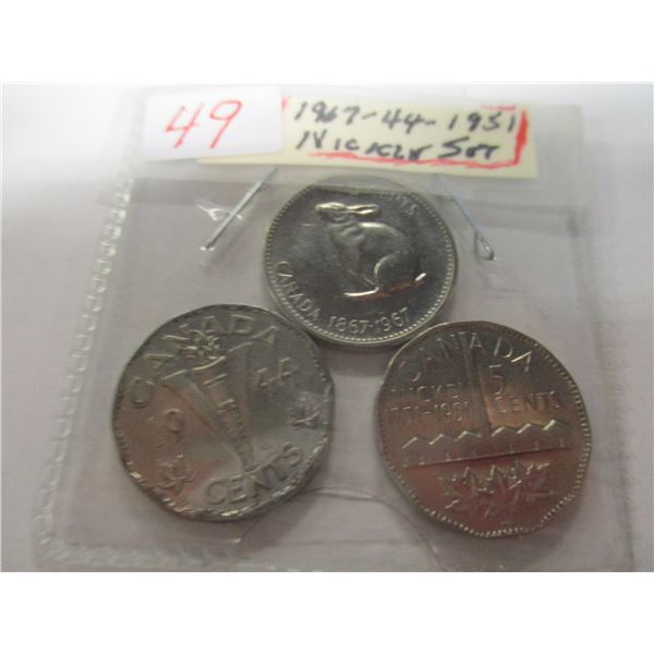 1967, 1944 VICTORY, 1971/1951 SMOKESTACK CANADA NICKELS