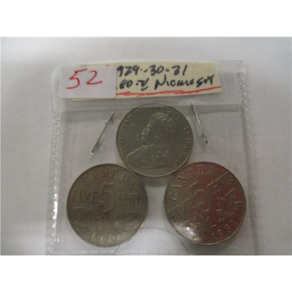 1929, 1930 & 1931 CANADA KING GEORGE V NICKELS