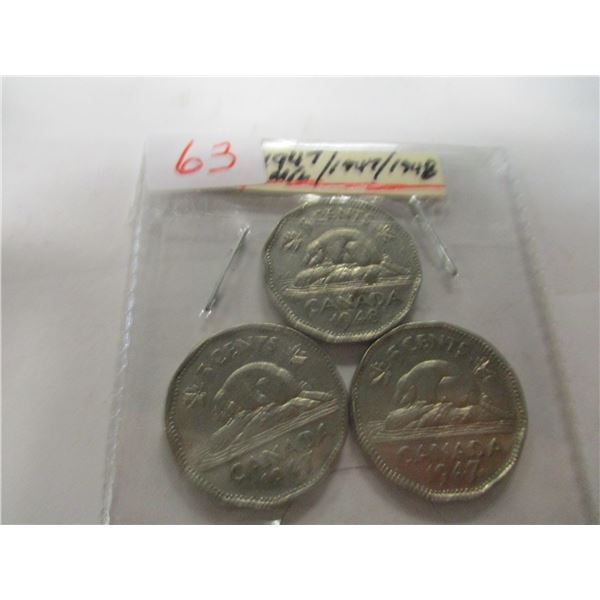 1947 MAPLE LEAF, 1947 PLAIN & 1948 KEY DATE KING GEORGE VI NICKELS