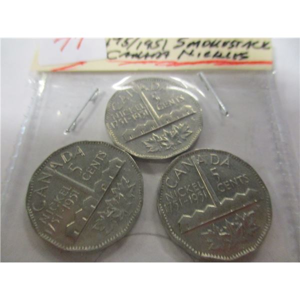 LOT OF 3 - 1751/1951 TOMBAC CANADA NICKELS