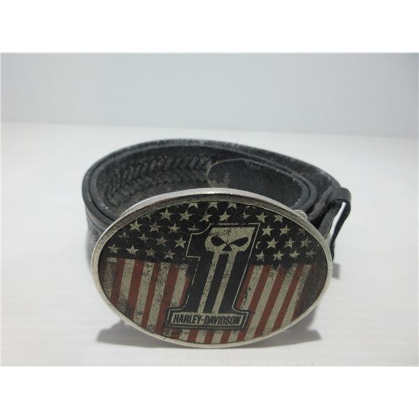 SEIZURE:  BLACK LEATHER BELT (SIZE 32) C/W HARLEY DAVIDSON BELT BUCKLE