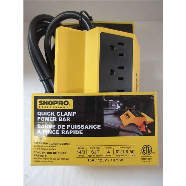 NEW:  QUICK CLAMP POWER BAR (14/3 GAUGE; 4 OUTLET; 6' CORD LENGTH)