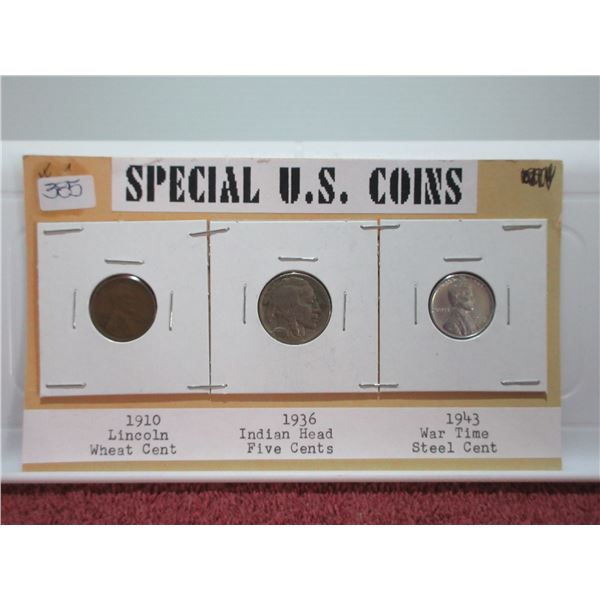 1910 Lincoln Wheat Cent, 1936 Indian Head Five Cents & 1943 War Time Steel Dime (3)