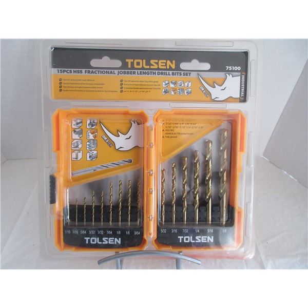 NEW:  TOLSEN 15 PIECE HSS FRACTIONAL JOBBER LENGTH DRILL BITS SET