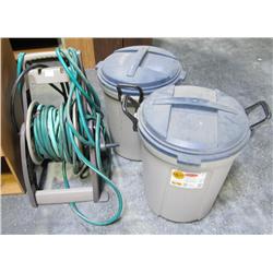 Garden Hose & Windup Cart & 2 Lidded Garbage Cans