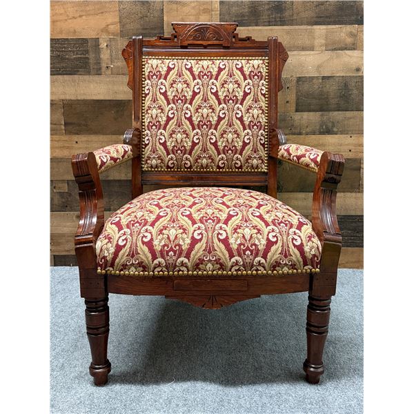 Carved Wooden Victorian Armchair w/ Upholstered Seat & Back 24" x 19.5" x 38"H