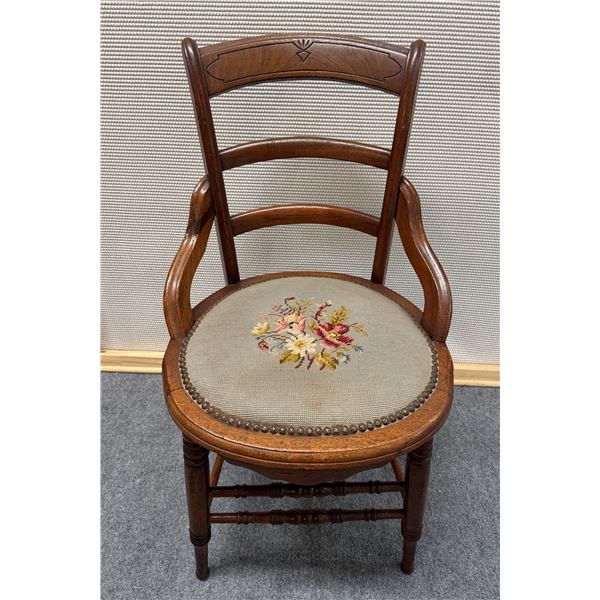 Carved Wooden Victorian Armchair w/ Ladder-Back & Floral Seat 17.5" Dia, 34"H