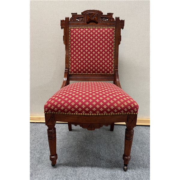 Carved Wooden Victorian Chair on Wheels w/ Upholstered Seat & Back 17" x 15" x 37"H