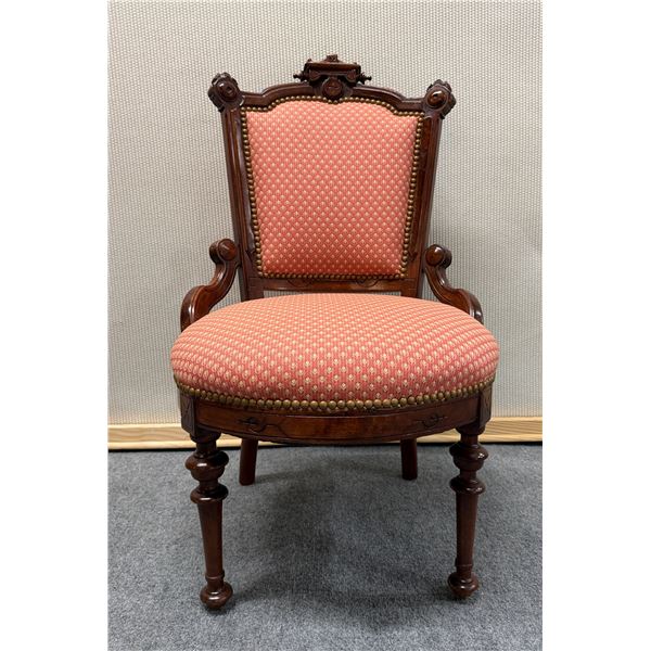 Carved Wooden Victorian Chair w/ Upholstered Seat & Back 18" x 17" x 35"H