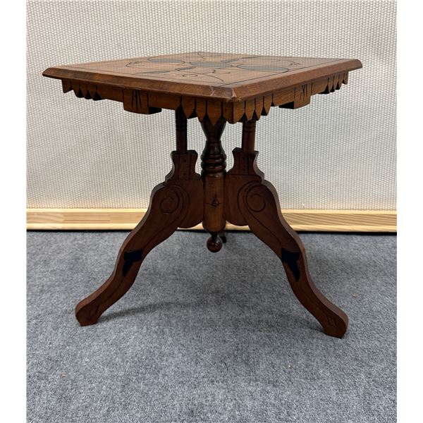 Carved Square Wooden Table w/ Tripod Stand & Floral Top 15" x 15" x 20"H