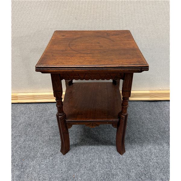Carved Square Wooden Table w/ Undershelf 13.5" x 13.5" x 19"H
