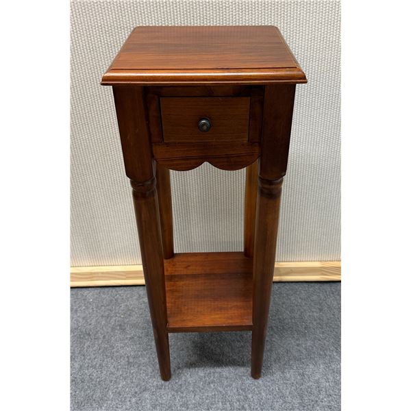 Carved Square Wooden Table w/ Drawer & Undershelf 10.5" x 10.5" x 31"H