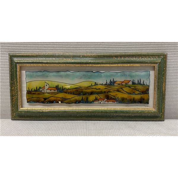 Massimo Assisi Glass Painting Signed by Artist 28" x 12", Framed