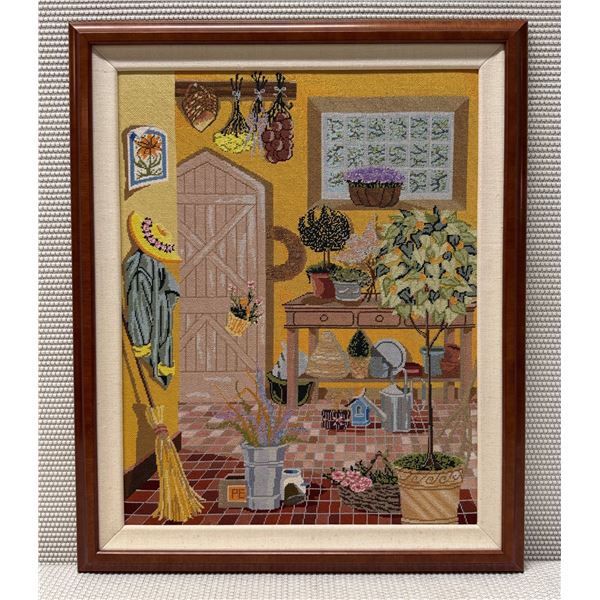 Potting Shed Needlepoint Artwork 22" x 27", Wood Framed
