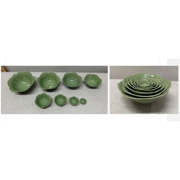 Qty 8 Celedon Green Lotus Flower Shaped Nesting Bowls, Misc Sizes